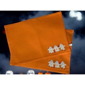 Halloween Orange Cotton Placemats Set of 2 Embroidered Ghosts Pumpkins Decor
